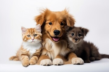 Fototapeta na wymiar cute two cats and one dog on a plain white background
