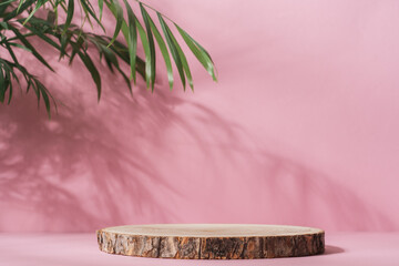 Wooden cut podium on pastel pink background with palm tree shadow. Stand for the presentation of...