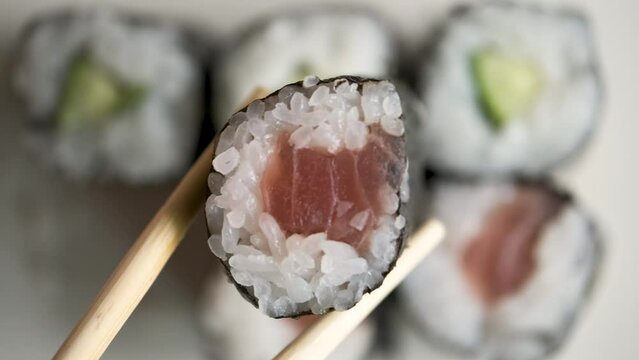 Tuna maki on a selection of varied Japanese maki.