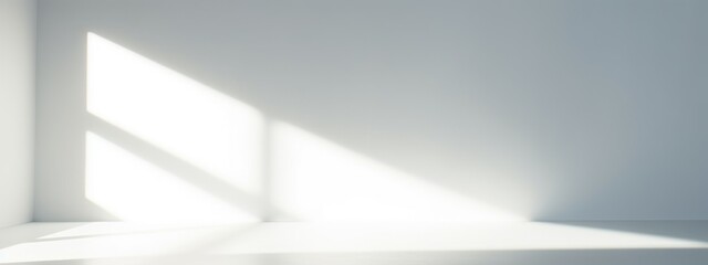 banner Shadow and light from windows on plaster wall. Minimal abstract light blue background for product presentation.