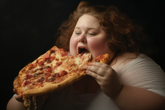 fat woman eating pizza fast food sweet salad on dark background 