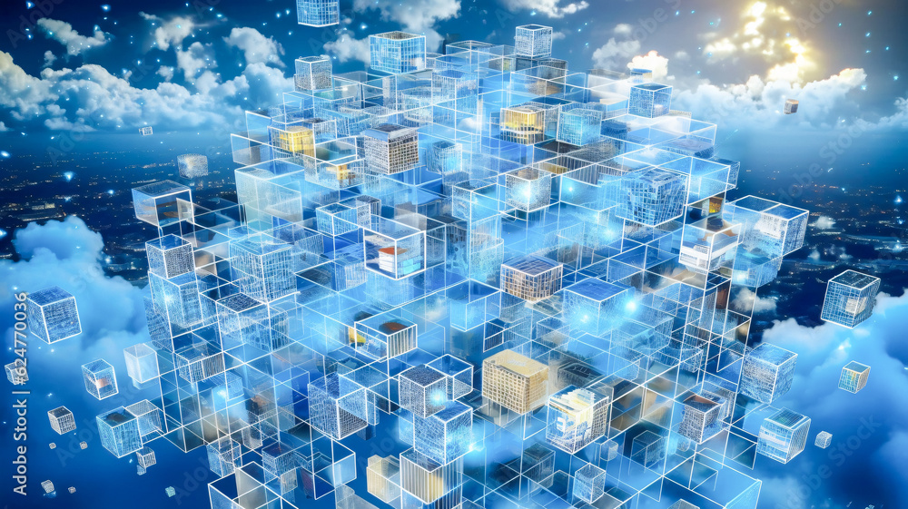 Poster skyline of a futuristic city with cubes in the sky - enhanced by generative ai