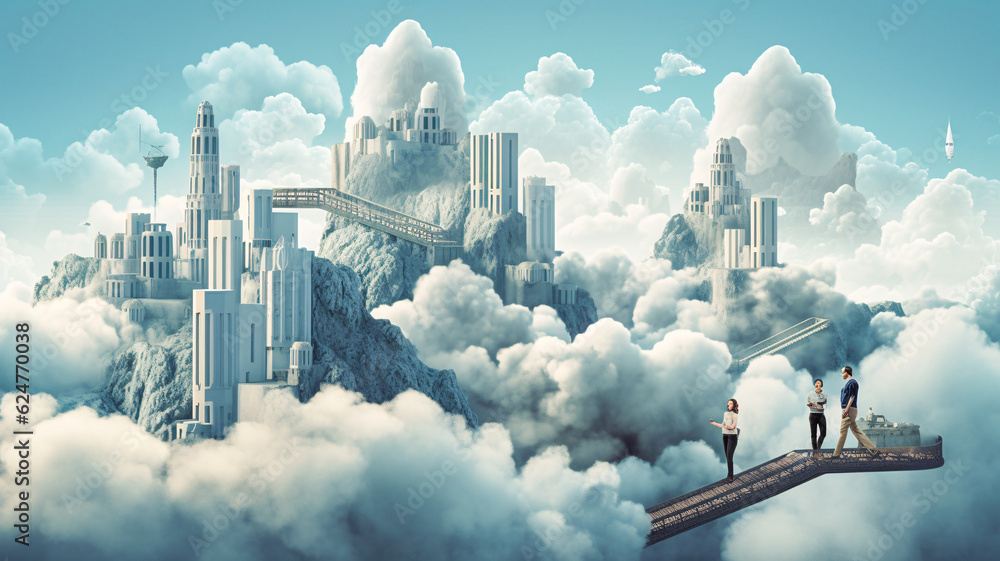 Poster cityscape bridge in the clouds with generative ai