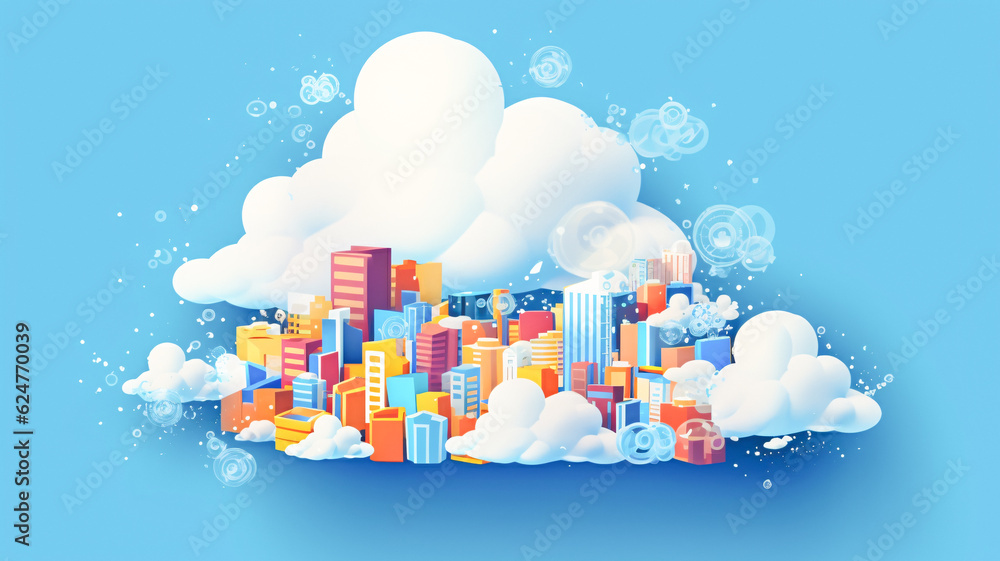 Poster Enchanting Urban Dreamscape with Floating Clouds and Bubbles - Generated by AI