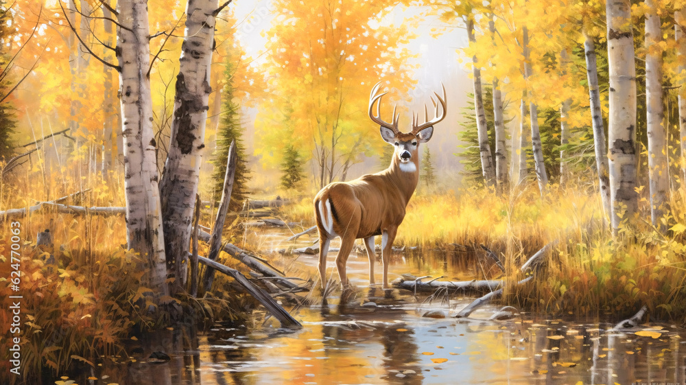 Poster enchanting deer in a serene forest stream - generative ai