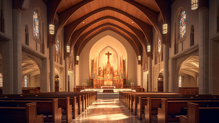 Fototapeta premium Serene Church Interior with Pews and Stained Glass Windows - Enhanced by Generative AI