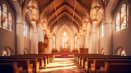 Fototapeta premium Serene Church Interior with Pews and Stained Glass Windows - Enhanced by Generative AI