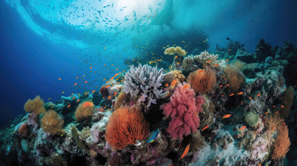 Fototapeta na wymiar Coral reef with fish in ocan underwater as aquatic illustration