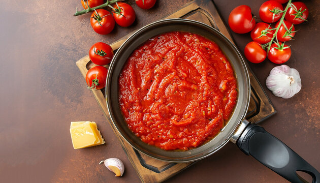 Classic homemade tomato sauce in the pan on a wooden chopping board on brown background, top view. Pasta, pizza tomato sauce. Vegetarian food - Powered by Adobe