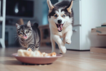 Cat and dog near a bowl of food, generative AI