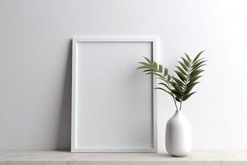 Picture frame mockup on white wall. Modern living room design. Modern Boho style interior, templates for artwork, painting, photo or poster, ai generative