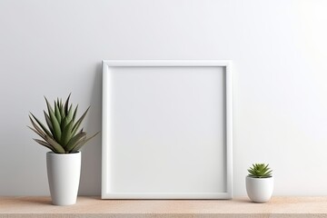 Picture frame mockup on white wall. Modern living room design. Modern Boho style interior, templates for artwork, painting, photo or poster, ai generative
