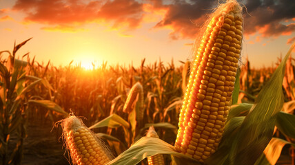 Golden Harvest: Two Corn Ears in a Field at Sunset (Generated by AI)