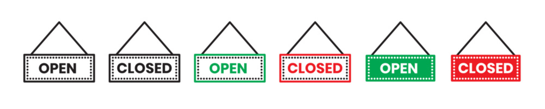 Shop Or Store Open And Closed Sign. Red And Green Door Open And Closed Hanging Sign Board.