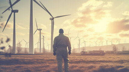 Fototapeta na wymiar Serene Landscape with a Man Walking Amidst Wind Turbines - Generative AI
