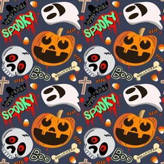Halloween seamless pattern - creepy pumpkin lanterns with scary faces, traditional holiday halloween symbols ,seamless texture