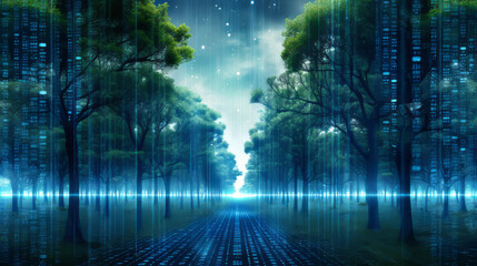 A serene data farm with rows of planted trees forming a binary code pattern, portraying the harmony between technology and nature.Farm Technology background