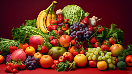 Naklejka na ściany i meble Abundance of Fruits and Vegetables on a Vibrant Red Surface: A Generative AI Masterpiece