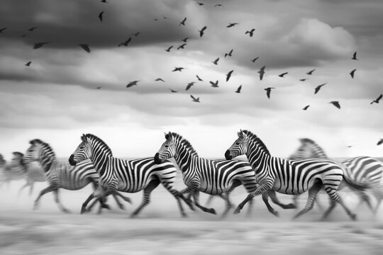 Herd of Zebra galopping, birds flying above in cloudy sky