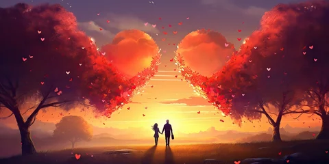 Fototapete Bordeaux AI Generated. AI Generative. Lovely romantic love couple together with heart shape background landscape vacation. Wedding relationship vibe. Graphic Art