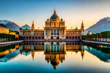 Naklejka premium royal mansion /castle ,dream castle of every devoted man, reflection of the castle in large pool 