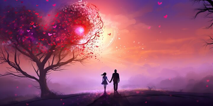 AI Generated. AI Generative. Lovely romantic love couple together with heart shape background landscape vacation. Wedding relationship vibe style