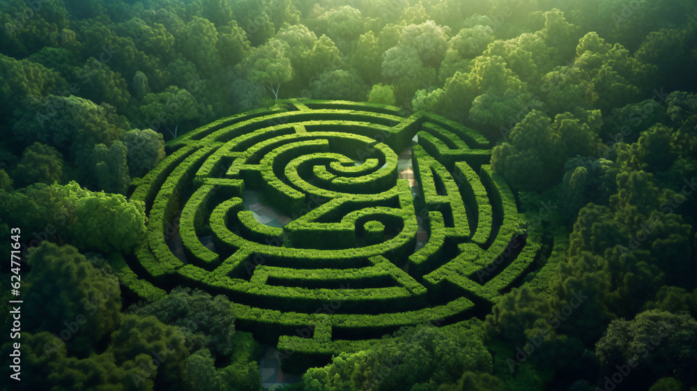 Poster enchanting sunlit forest maze with generative ai