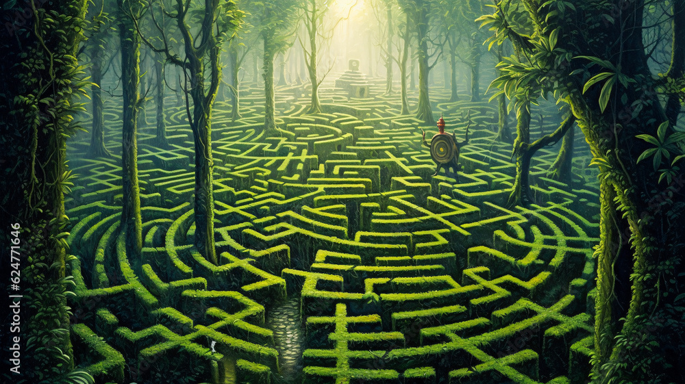 Poster enchanting forest maze with a man in a red hat - generative ai
