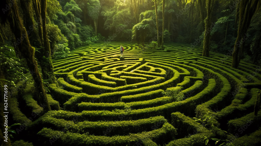 Poster enchanted forest maze with adventurous wanderer - generative ai