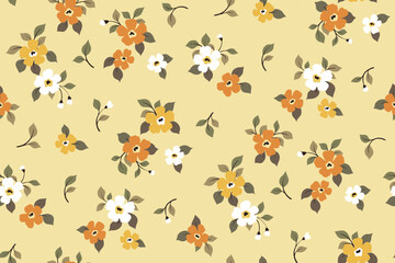 Seamless floral pattern, liberty ditsy print of mini yellow flowers. Pretty botanical design, autumn tile: small hand drawn flowers, tiny leaves in an abstract composition on light background. Vector.