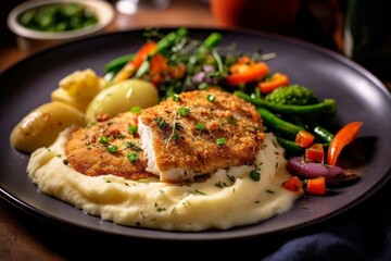 Escalope de Dinde served with mashed potatoes and steamed vegetables