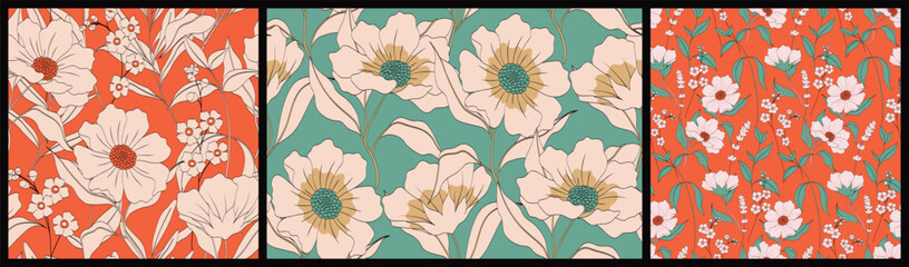 Seamless floral pattern, vintage print with drawing of wild flowers in a set. Simple botanical design with large hand drawn flowers, leaves, branches in a limited color palette. Vector illustration.