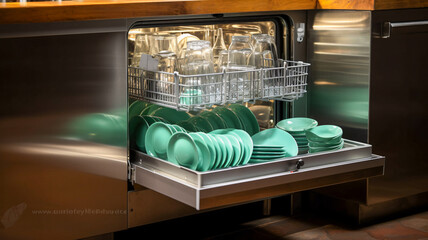 Busy Dishwasher with a Pile of Dishes - Enhanced by Generative AI