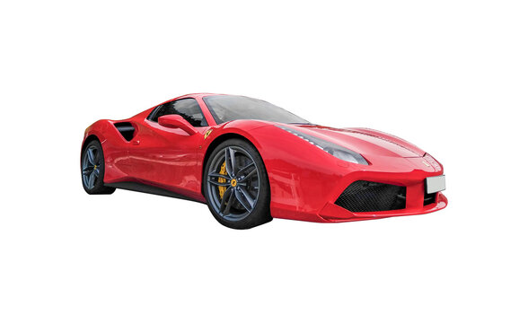 black sports car FERRARI isolated on white, front view of red ferrari PNG transparent