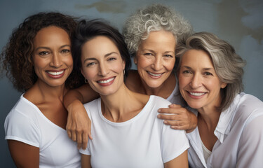 Four joyful senior women together posing for the camera in white clothing. Generative AI
