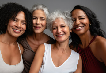 Four joyful senior women together posing for the camera in white clothing. Generative AI