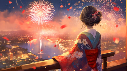 Enchanting Anime Girl Gazing at Fireworks in the Sky with Generative AI