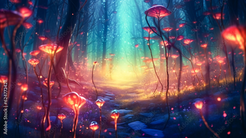 Poster glowing flowers in the enchanted forest with a serene stream of water - enhanced by generative ai