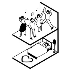Individuals reveling and celebrating loudly on the floor above Vector Icon Design, neighbourhood conflicts Stock illustration, Resounding footsteps from the upstairs neighbors isometric Concept