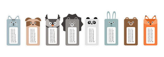 Vector multiplication table. Bookmarks or stickers with cute animals (car, dog, owl, hedgehog, panda, rabbit, bear, fox)