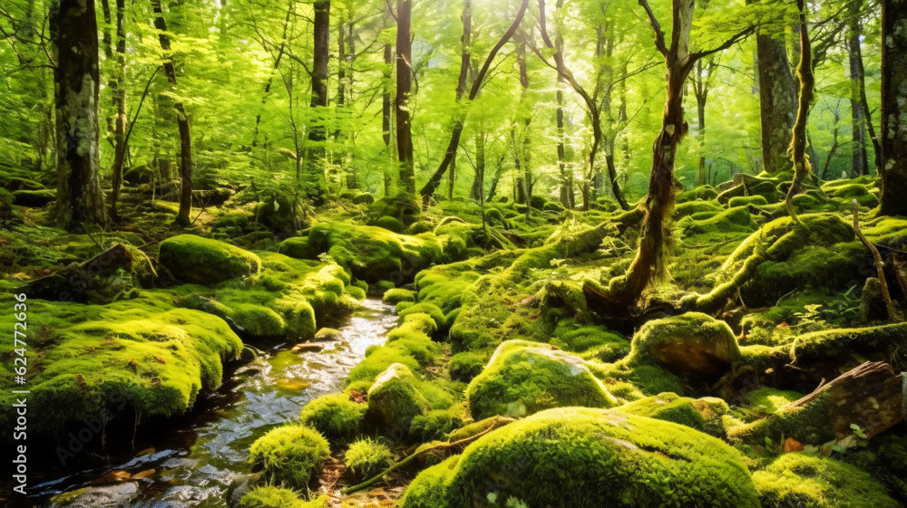 Aufkleber enchanting forest stream: a captivating view enhanced by generative ai