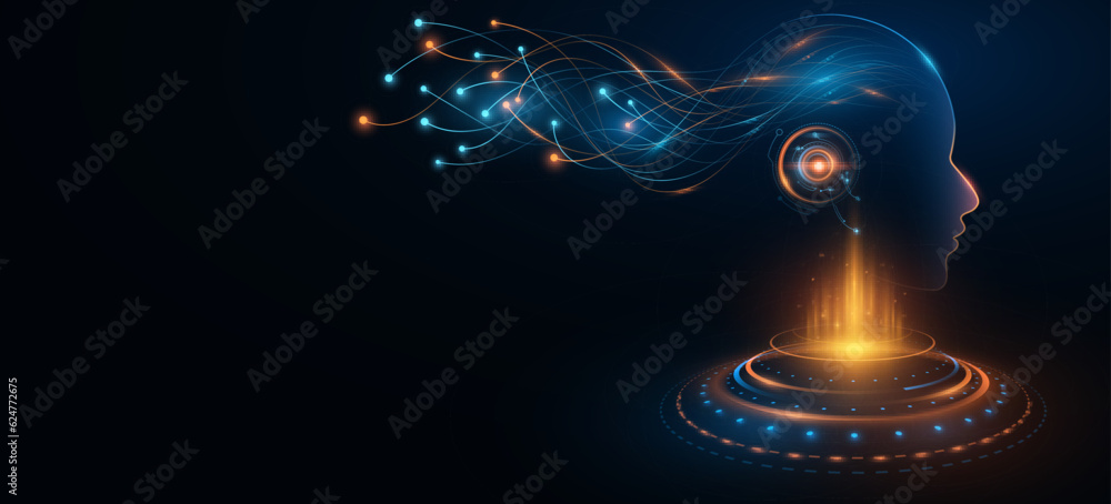 Poster cyborg with neural connectors analyzes neural network data with futuristic glowing hud circle. artif