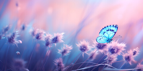 Purple blossoming Lavender and flying butterfly in nature.