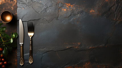 Generative ai illustration of empty black plate with cutlery on a dark concrete background