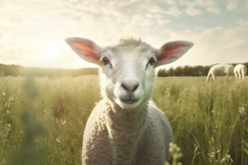 Obraz premium sun wool green sheep meadow grass lamb farm field animal. Generative AI.