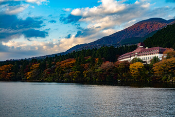 Hakone lakeshore or lakefront view in autumn season from Lake Ashi or Ashinoko 