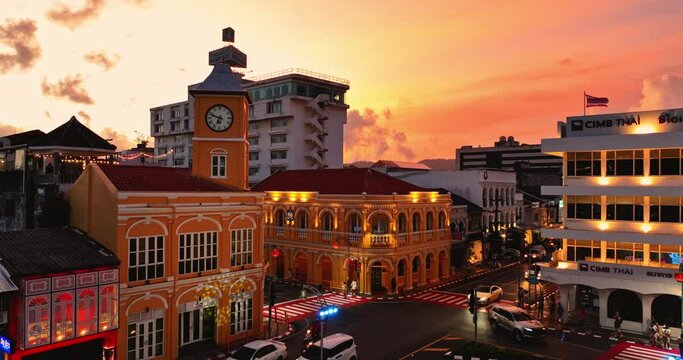 Phuket,Thailand-May,20,2023: aerial view colorful sunset above beautiful old architecture in .Phuket city. Beautiful architecture in the famous old town area and a tourist check-in point.