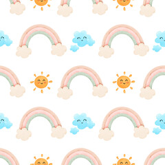 rainbow,sky,sun,pattern,,watercolor,cartoon,cute,floating