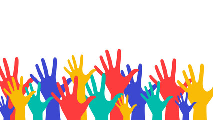 Vector illustration with colorful hands. Poster with human hands raised up. Hands of different colors on a white background. Vote. Palms, fingers, hands.