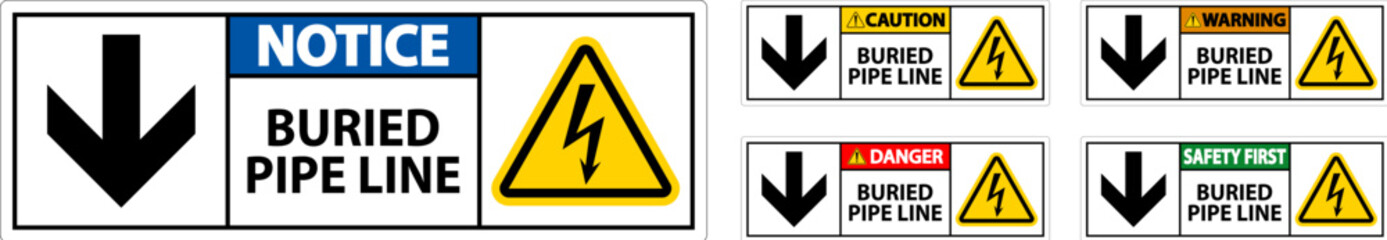 Caution Sign Buried Pipe Line With Down Arrow and Electric Shock Symbol